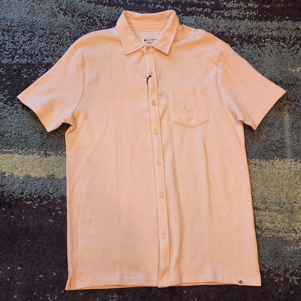 NWT Sperry Men's M Light Pink Textured Knit Short Sleeve Button-Up Shirt